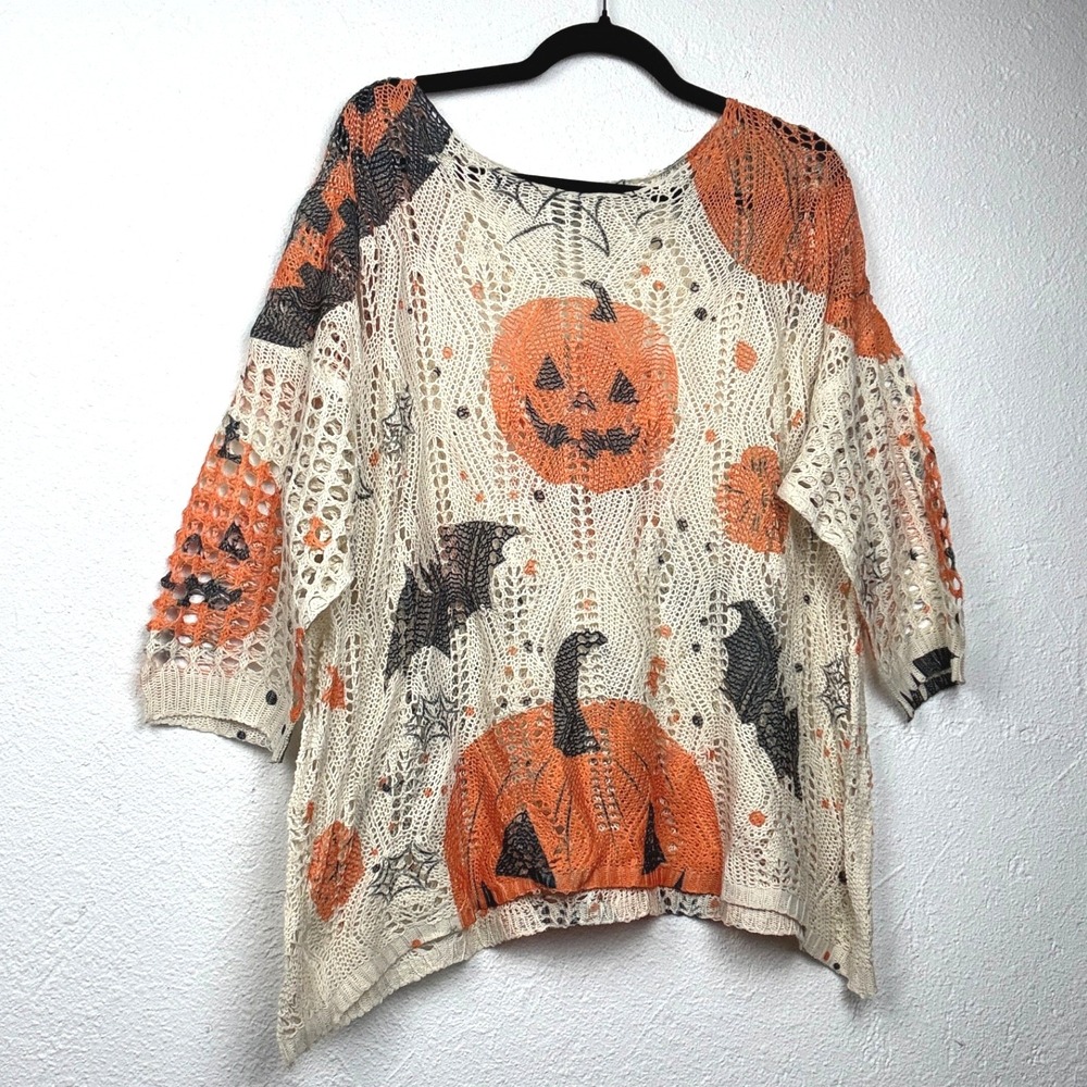 Cream Halloween Pumpkin Bat Open Knit Sweater - XL- Crochet Boho Spooky